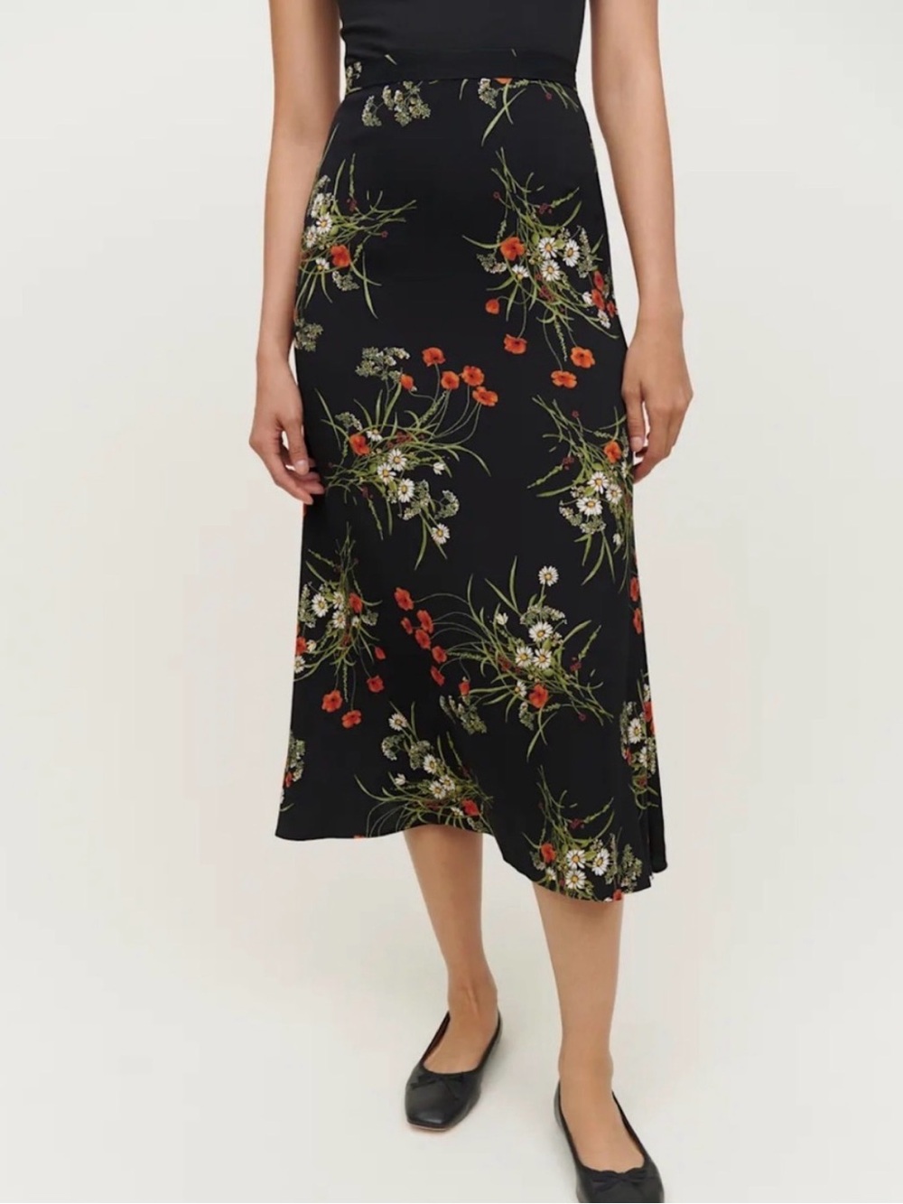 Reformation Bea Midi Skirt Robyn Floral Poppy Black Orange Sz 0 Whimsygoth Fall
